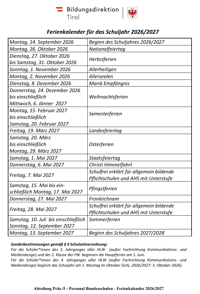 Ferienkalender für das Schuljahr 2026/27